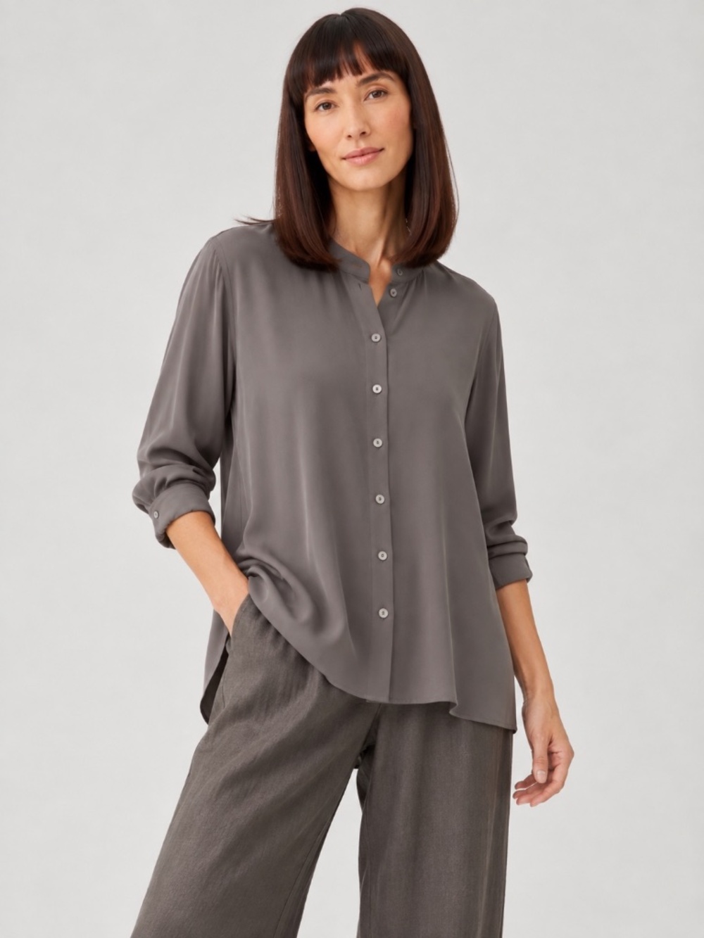 Eileen Fisher NWT 100% Silk The Long Shirt Gray Button Front Blouse Women S